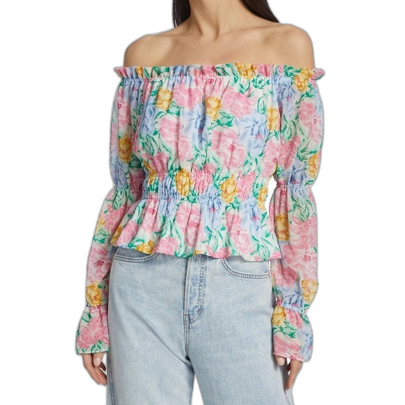 WAYF off the shoulder floral bright lightweight ladies blouse small cute y2k - Picture 4 of 12